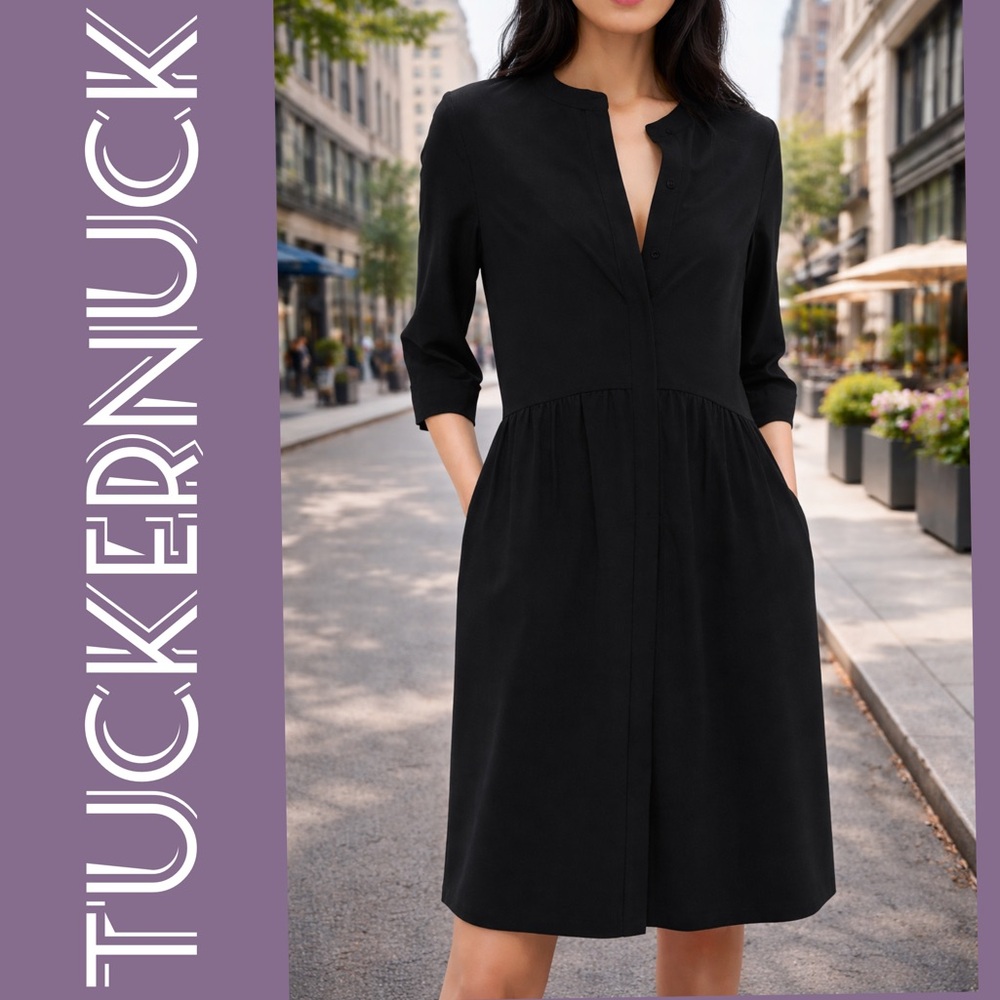 EUC Tuckernuck Royal Black Stretch Crepe Shirt Dress Size Large Elegant Workwear